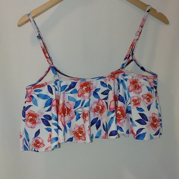Verano Playa Bikini Top Flounce Pink White Blue Floral Rose Print Crop Top M - Picture 8 of 8